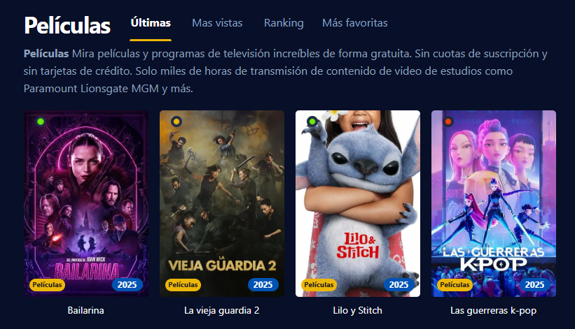 Captura de pantalla de la interfaz de usuario de Pepelisplus mostrando películas y series organizadas por géneros